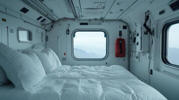 cozy sleeping area inside futuristic pod with large window showcasing serene mountain view photo
