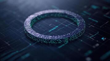 digital representation of circular structure with glowing particles, symbolizing technology and photo
