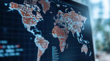 detailed world map displayed on digital screen, showcasing data points across continents photo