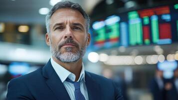 Professional man suit stands confidently financial environment, showcasing expertise and photo