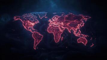 glowing world map with neon red outlines, showcasing global connections and data visualization photo