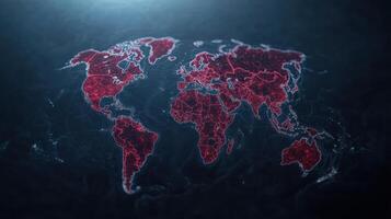 digital world map with glowing red outlines, showcasing global connections and data points photo