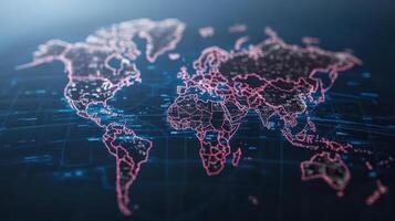 digital world map with glowing lines and nodes, representing global connectivity and data flow photo