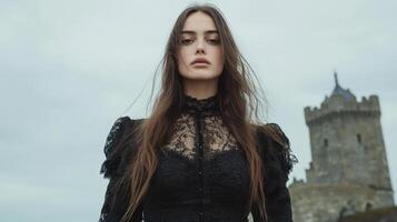 Gothic fashion portrait featuring model dark lace attire against castle backdrop, evoking photo