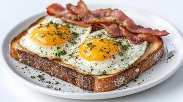 Delicious breakfast featuring eggs, crispy bacon, and toasted bread, garnished with herbs photo
