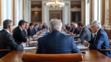 formal government meeting room with policymakers engaged discussion, showcasing collaboration photo