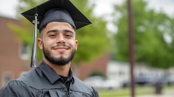 Graduation ceremony with proud graduate wearing cap and gown, smiling confidently photo