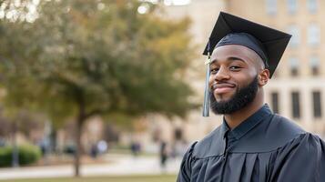 proud graduate smiling confidently in cap and gown on campus photo