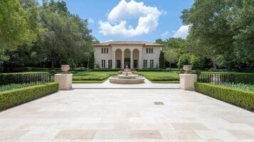 grand entrance gate leads to sprawling mansion surrounded by lush greenery and serene fountain photo