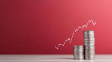 Stacks of coins represent financial growth against red background, symbolizing investment photo