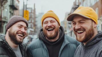 Laughter and joy among friends reuniting in city setting, showcasing camaraderie and happiness photo