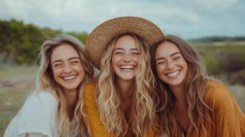 Joyful friends sharing laughter outdoors, embracing happiness in nature photo