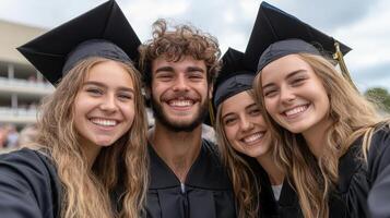 Graduates celebrating together, smiling joyfully in caps and gowns, capturing memorable moment photo
