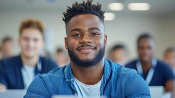 confident student smiling in classroom filled with peers, showcasing enthusiasm for learning photo
