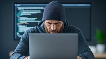 focused individual working laptop, surrounded by code screen, embodies concentration and photo