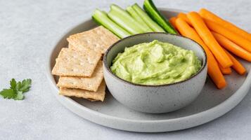 Creamy guacamole served with fresh vegetables and crispy crackers creates delightful snack photo