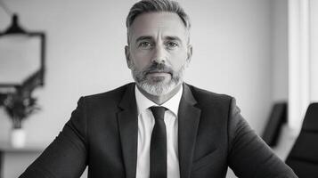 Professional man in suit, serious expression, office setting, black and white photography photo