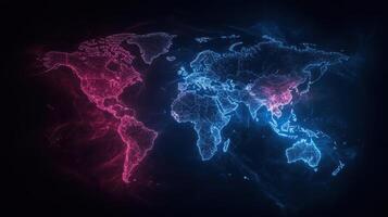vibrant world map illuminated pink and blue hues, showcasing global regions with modern photo