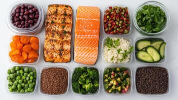 Healthy meal prep with salmon, vegetables, and grains for balanced nutrition and variety photo