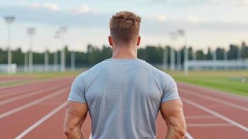 focused athlete stands on track, ready to train and improve performance photo