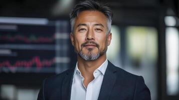 Professional man in suit with confident expression, standing in modern office environment photo