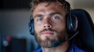 High energy esports player focused on gaming competition with headset on photo
