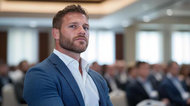 High energy business conference with focused attendee in professional setting photo