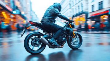 High energy shot of motorcyclist speeding through city street in rain photo