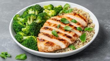 Grilled chicken breast served with quinoa and fresh broccoli, creating healthy meal option photo