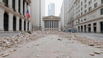 Desolate street scene with rubble and debris, reflecting financial crisis aftermath photo