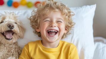 Joyful child laughing with dog, sharing happy moment together photo