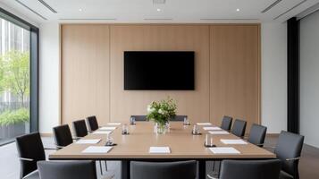 modern conference room featuring large table, black chairs, and wall mounted screen photo