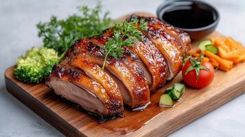 Deliciously presented roasted duck with vibrant vegetables and sauce photo