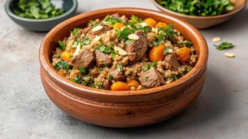 delicious Moroccan tagine featuring tender beef, couscous, and vibrant garnishes, perfect for photo