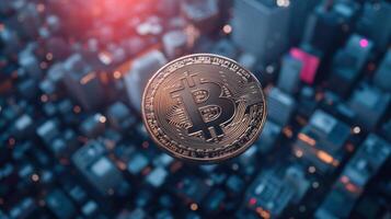 digital representation of Bitcoin hovering above cityscape, symbolizing rise of cryptocurrency photo