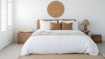 serene bohemian style bedroom featuring earthy tones, rattan furniture, and cozy textiles photo