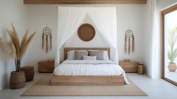 serene bohemian style bedroom featuring canopy bed, warm earthy tones, and natural decor photo