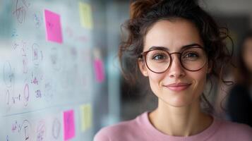 Creative brainstorming session with smiling woman in glasses, surrounded by colorful notes photo