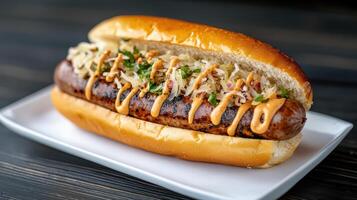 delicious bratwurst sandwich topped with melted cheese, sauerkraut, and drizzle of sauce photo