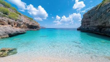 stunning beach with crystal clear turquoise water, surrounded by rocky cliffs and lush greenery photo