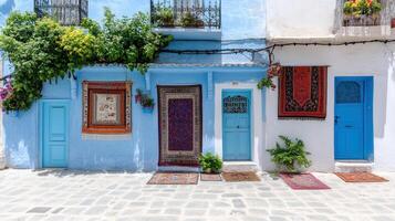 charming alley in Morocco featuring blue painted walls adorned with vibrant rugs and greenery photo