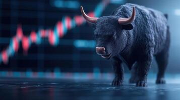 bull figurine stands confidently front of rising stock market graph, symbolizing optimism and photo