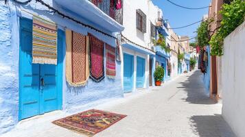 Charming alley in Morocco with blue painted walls and colorful textiles hanging photo