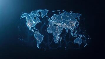 digital world map illuminated with blue lights, showcasing global connectivity and geography photo