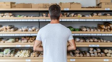 man stands in front of empty shelves, contemplating rising prices and limited options photo