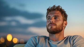 man sitting outdoors during twilight, reflecting thoughtfully against serene backdrop photo