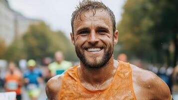 Drenched in sweat, determined marathon runner smiles brightly after finishing race photo