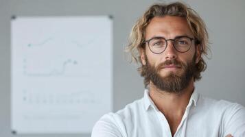 Confident professional man with glasses, presenting growth trends in modern office photo