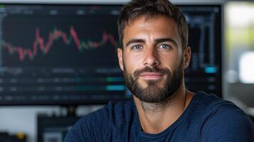 confident market analyst with beard, focused on financial data displayed on screen photo