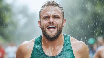 Drenched in sweat, determined runner pushes through rain, showcasing resilience and strength photo